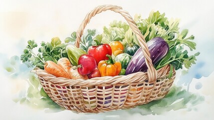 Basket filled with fresh colorful vegetables including carrots, bell peppers, eggplant, leafy greens, and squash in a natural setting