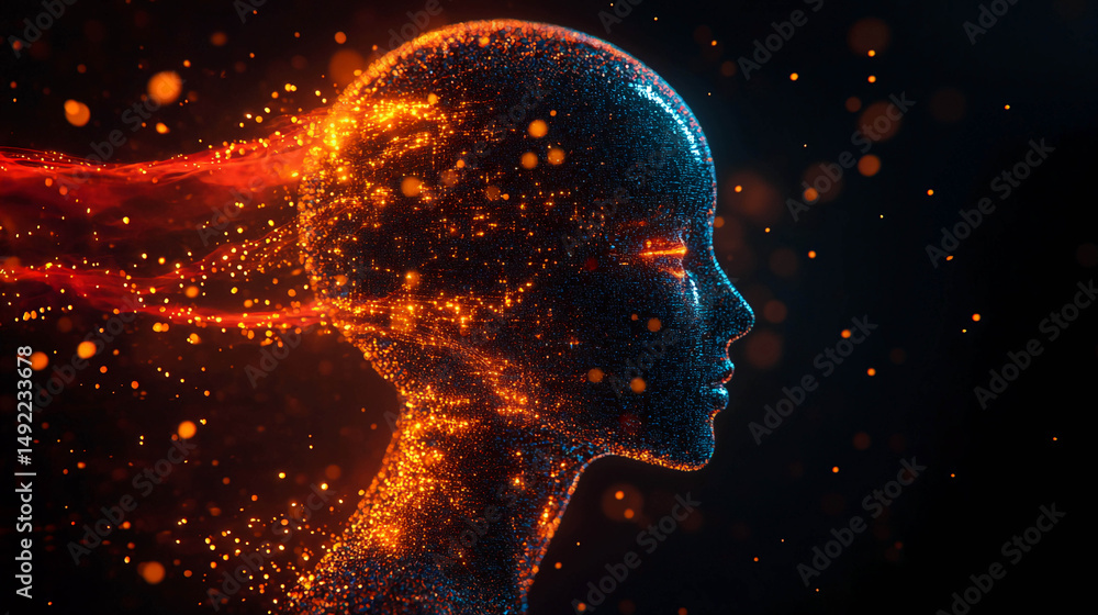 Aufkleber the profile of a female head made in a futuristic style. the head consists of many small particles t