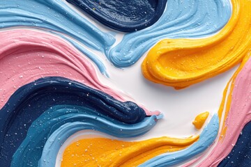 Obraz premium Colorful abstract paint swirls create a vibrant and dynamic composition in hues of blue, pink, and yellow for artistic exploration