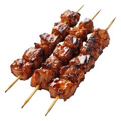 Grilled chicken yakitori skewer with teriyaki glaze or Isaw Filipino street food isolated on white transparent background, concept of Asian street food snack
