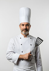 Experienced Male Chef in Tall White Hat Holding Spatula – Confident Culinary Professional in Classic Uniform Isolated on White Background for Restaurant, Kitchen, and Hospitality Industry Themes