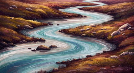 Serpentine River Winding Through Lush Green Meadows Idyllic Landscape Painting