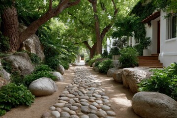 Tranquil garden pathway framed by lush greenery and smooth stones leading to a serene retreat