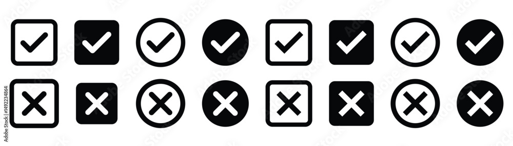 Poster check mark icon button set. check box icon with right and wrong buttons and yes or no checkmark icon