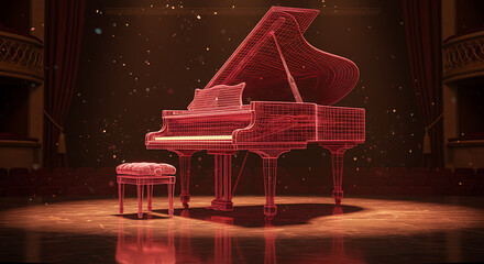 Grand Piano in Concert Hall Enchanting Red Wireframe Design Magical Atmosphere
