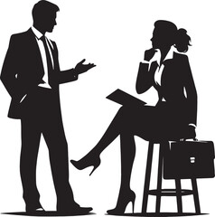Silhouette of a man in a suit talking to a woman sitting on a stool with a briefcase