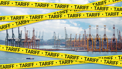 tax tariffs, trade war and economic war concept. cranes and containers in the harbor with X shape of yellow barricade tape with text TARIFF