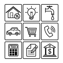 set of line icons related to public utilities. home loan, tax, electricity bill, water bill, phone bill, saving. vector illustration