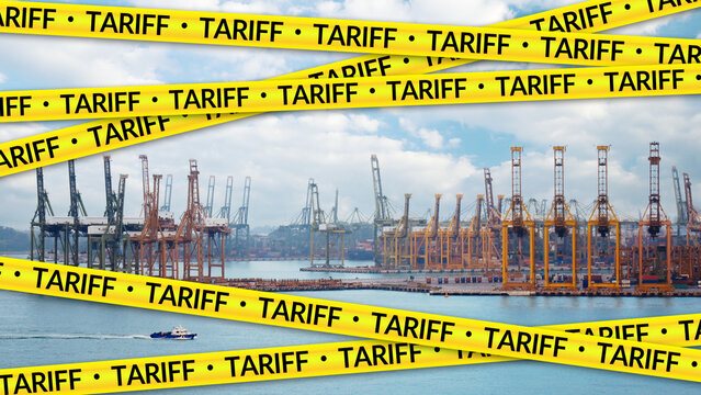 tax tariffs, trade war and economic war concept. cranes and containers in the harbor with X shape of yellow barricade tape with text TARIFF - Powered by Adobe