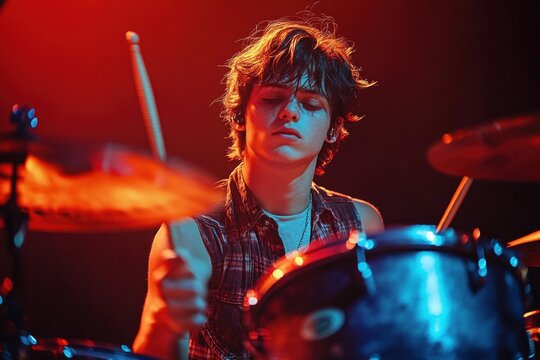 Young man playing drums passionately on stage under dramatic red and blue lighting with focused expression - Powered by Adobe