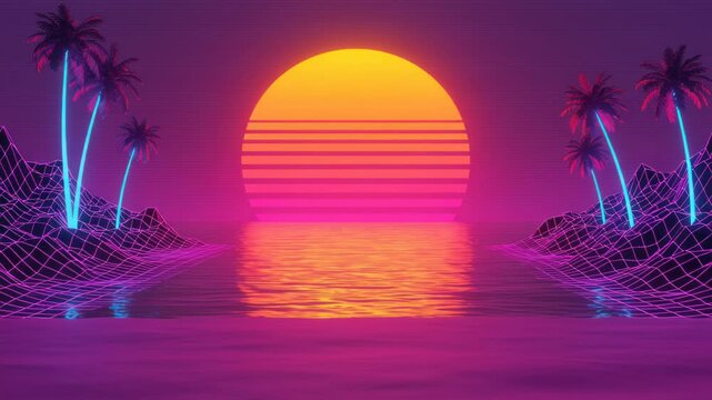 Vaporwave Sunset with Palms: A Nostalgic Synthwave Dreamscape of the 1980s Aesthetic