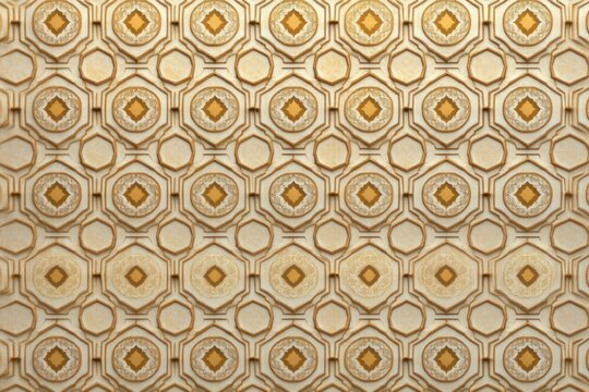 Intricate repeating geometric pattern with gold and beige tones featuring star shapes and octagonal frames creating a decorative elegant texture - Powered by Adobe