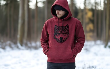 Man in red hoodie with wolf design in snowy forest.