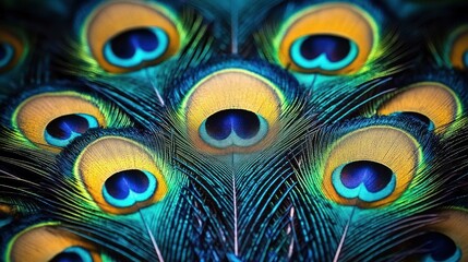 Close-up of vibrant peacock feathers showing iridescent blue, green, yellow, and black eye patterns with fine detailed textures and a sense of natural beauty