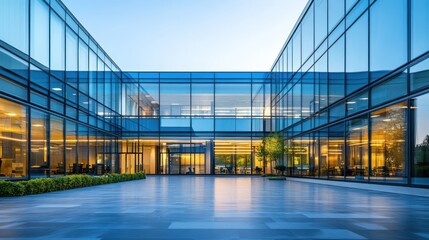 Fototapeta premium Modern glass office building atrium dusk; courtyard, city view, corporate