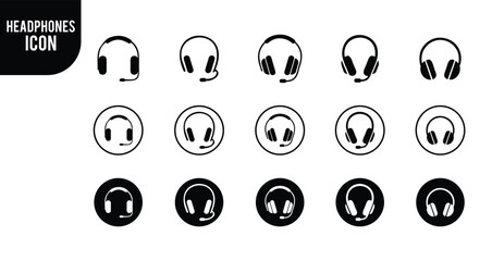 "Headphones Icon Set. Music and Audio Headsets with Microphone in Flat Vector Style."