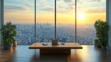 Flat lay view of a modern CEO wooden worktable placed centrally in a panoramic office with large windows overlooking the city