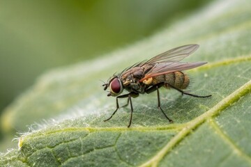 Fototapeta premium Detailed Macro View of Fly Insect on Vibrant Leaf Highlighting Natural Texture and Color