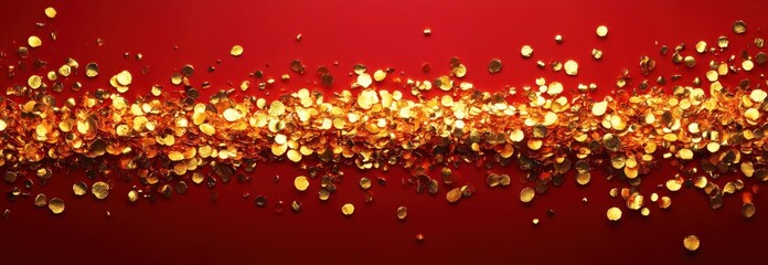 Scattered shiny gold confetti spread horizontally across a vibrant red background creating a festive and celebratory atmosphere