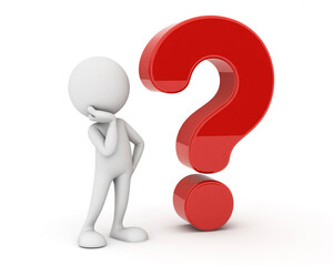 Thoughtful 3d figure pondering a red question mark