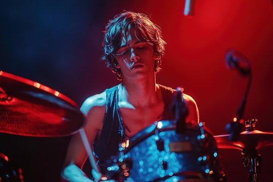 young male drummer playing drums intensely on stage with colorful blue and red lighting