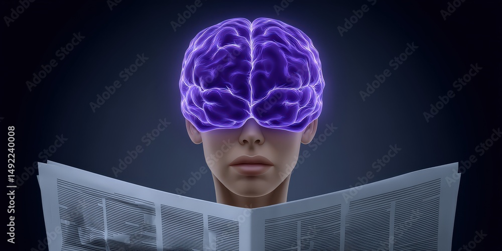 Poster a thoughtful individual engaged in reading a newspaper while interactive neon cerebral visualization