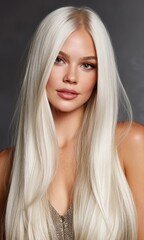 Naklejka premium A woman with long, straight blonde hair and a natural makeup look poses confidently in a studio. Soft lighting enhances her features and expertly captured expression