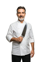 Confident Middle-Aged Male Chef Holding Knife in White Uniform – Culinary Professional Posing Isolated for Restaurant, Hospitality, and Cooking Industry Use