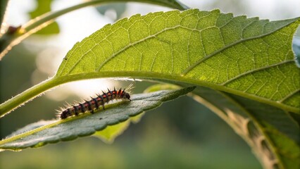 Close Up of Tiny Caterpillars Insect Moving on Fresh Green Leaf with Visible Surface Detail