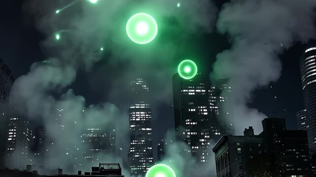 Glowing green objects fall from dark sky over city skyscrapers at night. Science fiction apocalypse invasion disaster scene for futuristic concept footage.