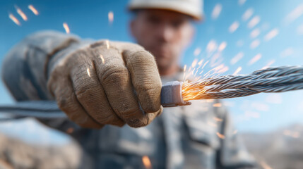 Worker protective gear welding metal wire with sparks flying, focused task outdoors clear sky, demonstrating industrial