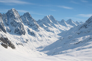 Naklejka premium Majestic snow-covered mountain range with sharp peaks under a clear blue sky
