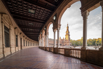 Plaza de Espana in Seville, Andalusia, Spain. View along the beautiful internal walkway
