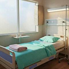 Empty hospital room with medical bed iv stand and frosted window