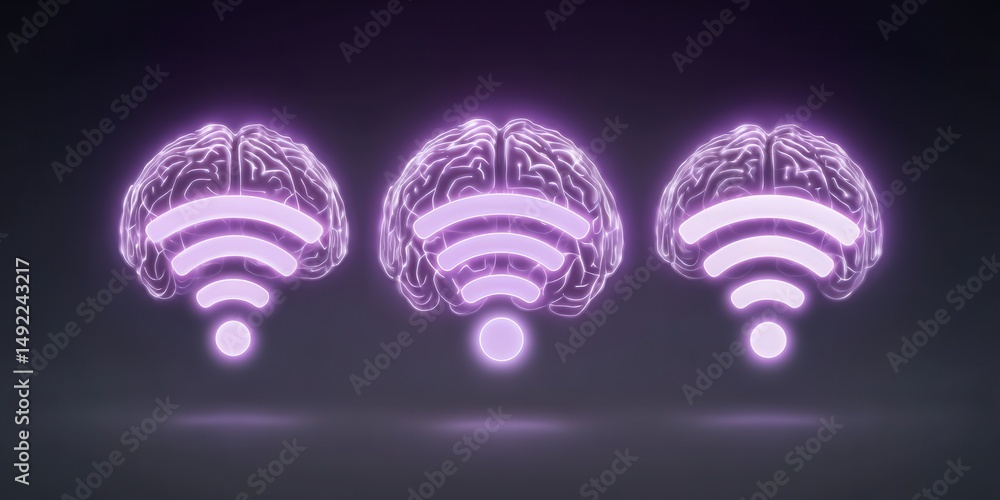 Poster conceptual visualization of glowing brain connected with wireless signals illustrating the fusion of
