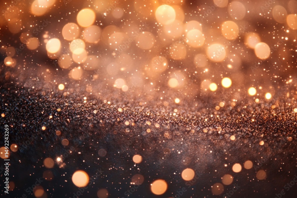 Poster close-up of golden sparkling glitter particles creating a bokeh effect with warm glowing lights evok