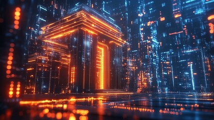 Fototapeta premium A glowing futuristic bank in the metaverse, digital currency floating around