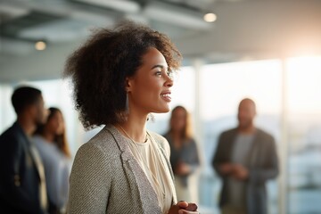 African American woman with curly hair is smiling and engaged in conversation at a modern office, surrounded by colleagues, showcasing a positive work environment and teamwork dynamics