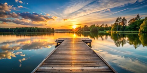 Fototapeta premium Wooden dock extending over calm lake water with sun setting behind trees in background, calm water, lake