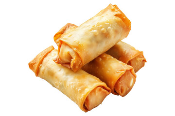 Crispy golden spring rolls with flaky texture shown isolated on white transparent background, representing Asian cuisine snack concept