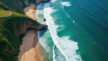 Fototapeta premium Aerial view of the coastline where ocean meets land, showing the boundary of Oceania Waves crash against the shore , coral, vacation, australia