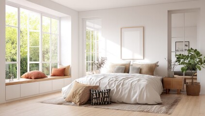 Cozy bedroom with ample natural light, modern design, and soft, welcoming textiles.