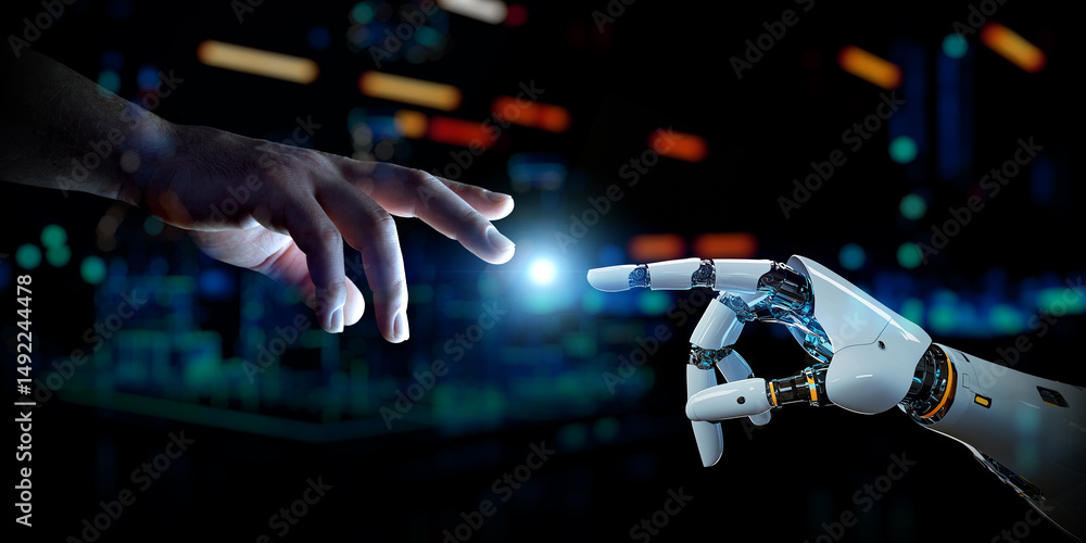 Leinwandbilder man hand connecting to a robot on dark tech background with a blue halo at center. generative ai cyb
