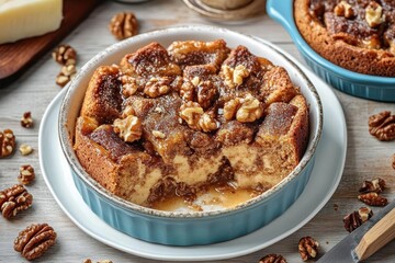 Close-up of a baked walnut bread pudding in a blue ceramic dish with caramel sauce and sprinkled walnut halves, placed on a white plate with scattered walnuts around