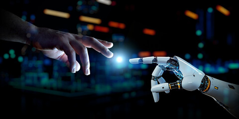 Man hand connecting to a robot on dark tech background with a blue halo at center. Generative ai cyborg hand