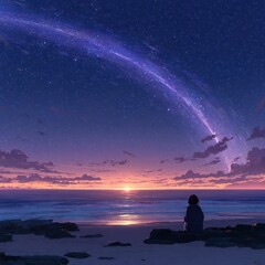 Fototapeta premium A young boy sits quietly on the sandy beach, mesmerized by the stunning arch of stars above as the sun sets on the horizon, casting a beautiful glow in the sky