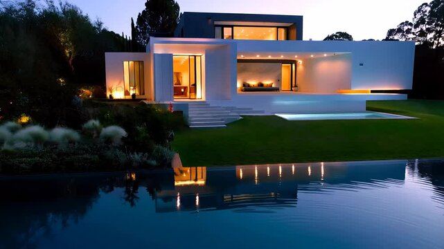 Large house with a pool and a white exterior. The house is lit up at night, giving it a warm and inviting atmosphere