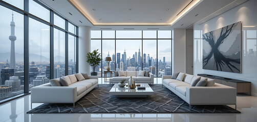 Fototapeta premium All-white kitchen with bar stools and pendant lights. Wide windows open to a bustling cityscape in the distance.