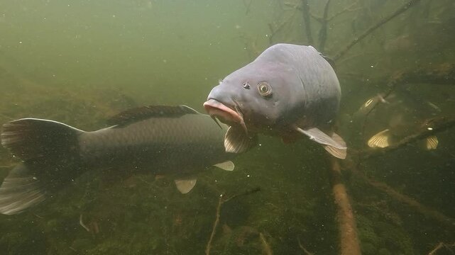 A common carp &ndash; Cyprinus carpio &ndash; repeatedly approaches the camera for close-ups, its curious nature evident as it inspects the lens, creating a captivating underwater scene.