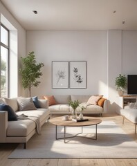 Bright, airy living room with minimalist furniture and decor , living space, living room, neutral colors